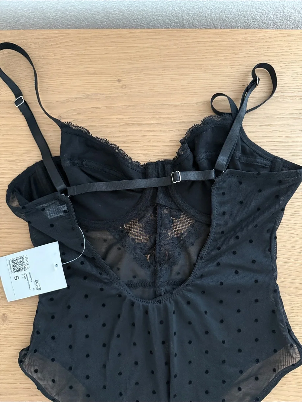 NWT Forever 21 Black Lace & Mesh Polka Dot Bodysuit